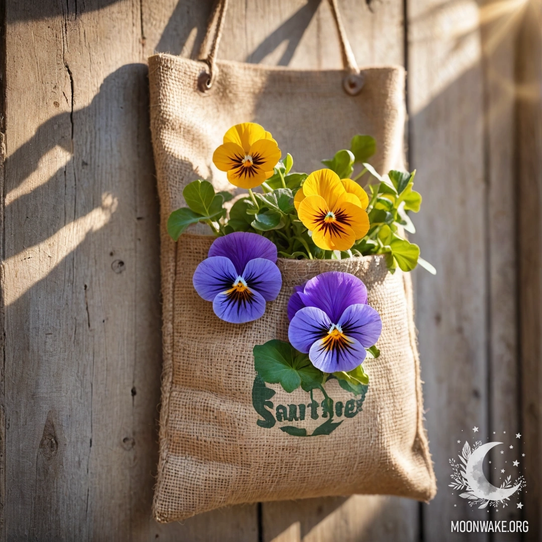 Небольшой мешочек из брезента на потрепанной деревянной стене, наполненный фиалками.