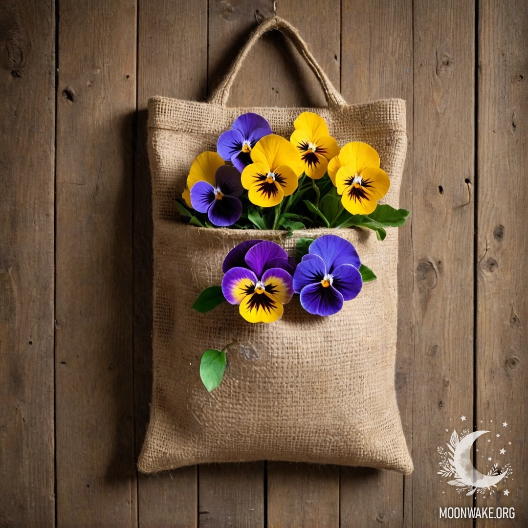 Небольшой мешочек из брезента, висящий на потрескавшейся деревянной стене, наполненный фиалками.