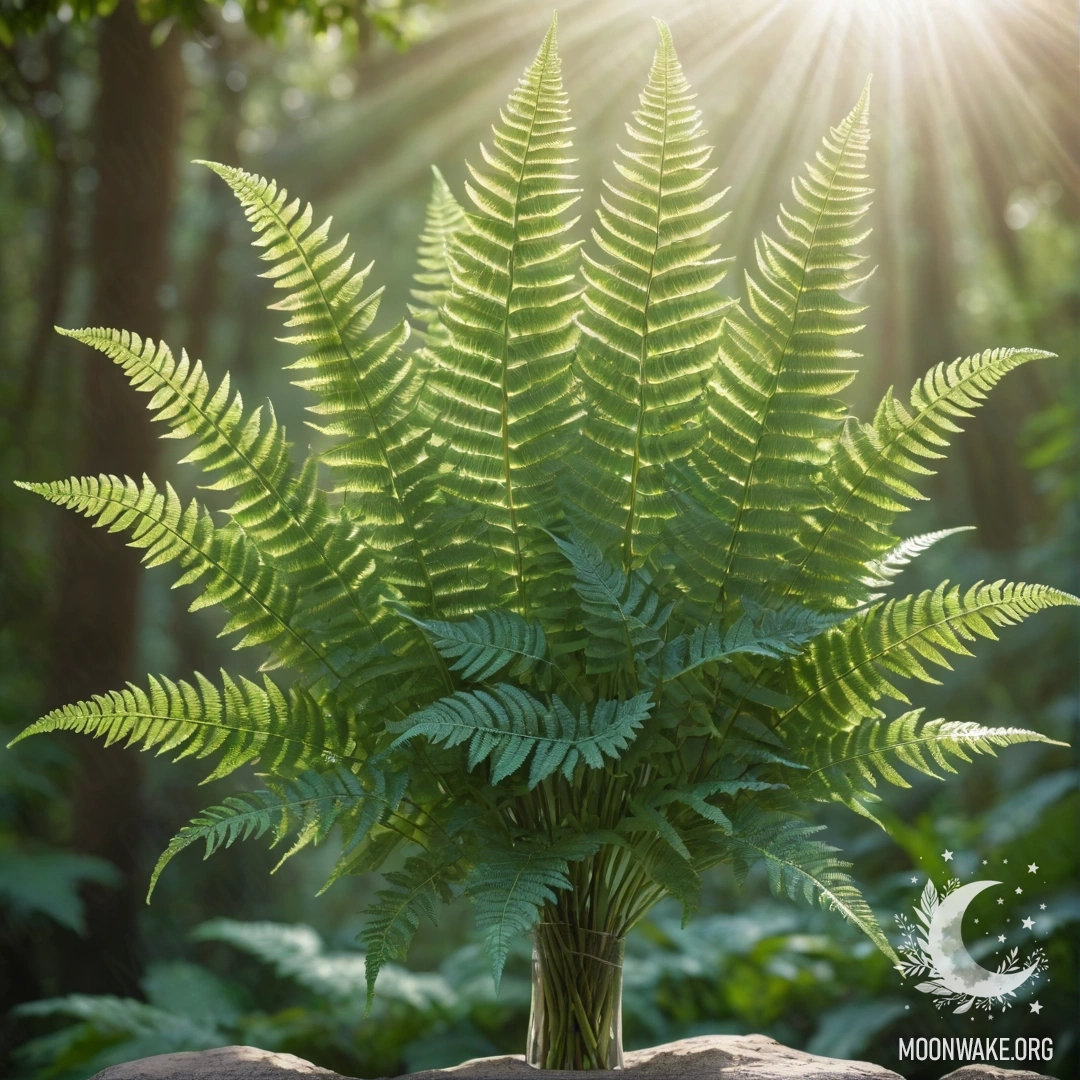 Спокойный букет папоротников цвета аквамарин, освещенный солнечными лучами.