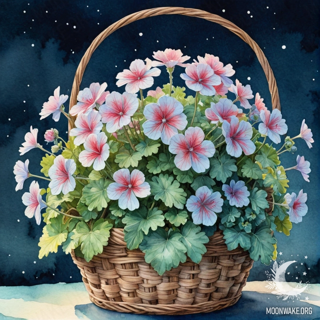 Спокойный голубой герань в корзине на фоне ночного пейзажа.