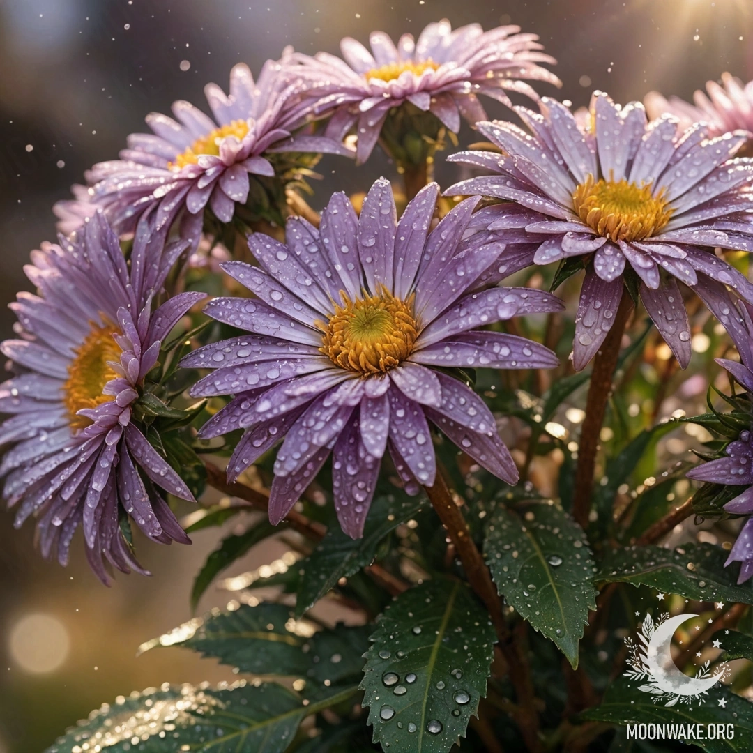 Букет спокойных астров с каплями росы, выполненный в кофейных тонах в стиле аниме.