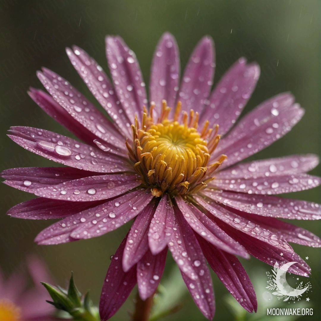 Цветок астера мирно стоит под дождём на фоне солнечных лучей.