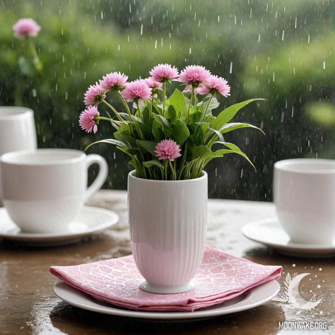 Корзина, полная маленьких белых цветов, стоит на деревянном столе, окутанная густым туманом.