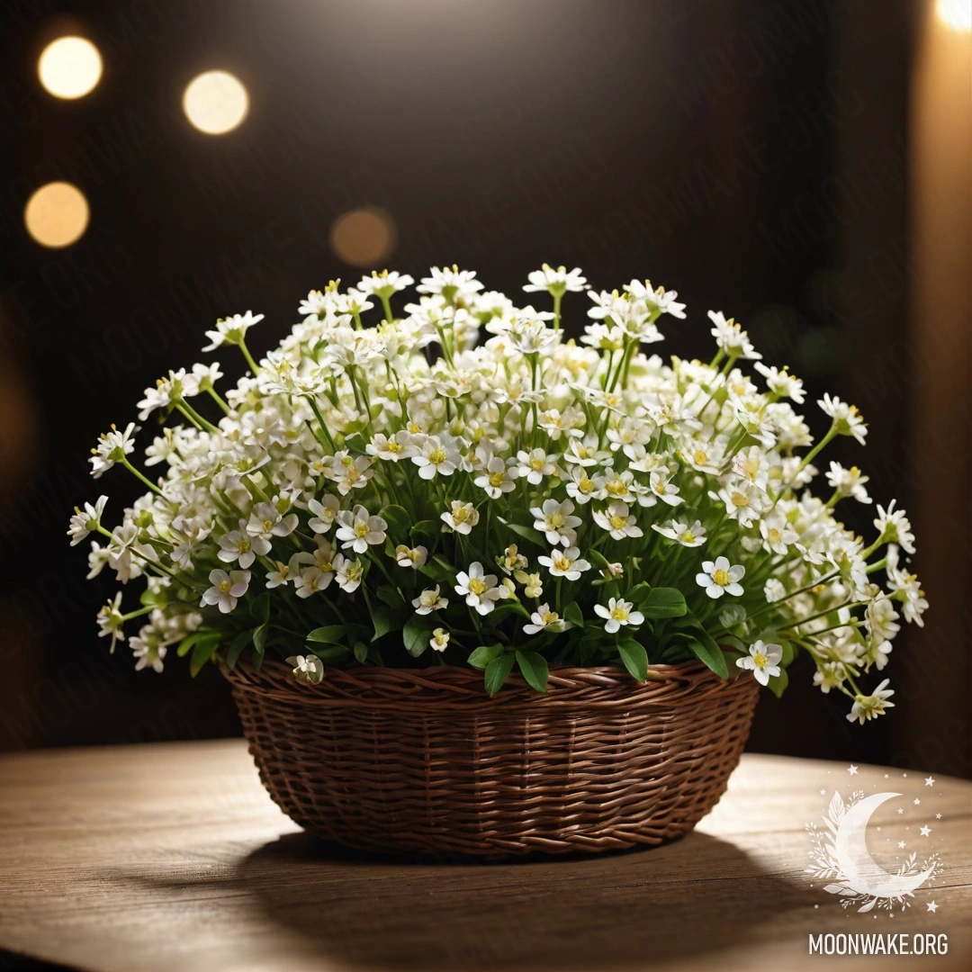 Корзина, наполненная маленькими белыми цветами, стоит на деревянном столе, освещенная солнечными лучами ночью.