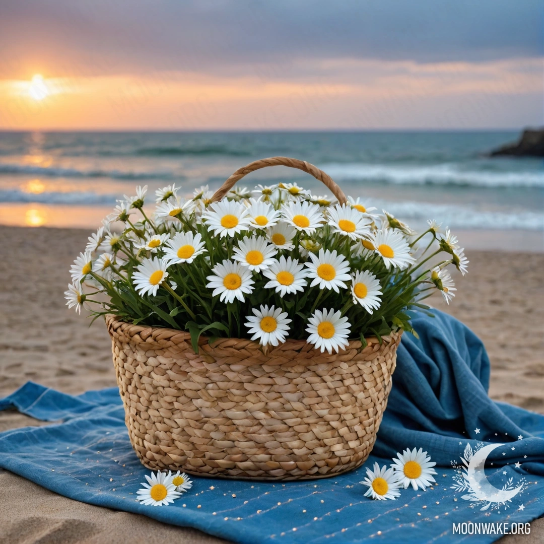 Соломенная сумка с синим скатертью и ромашками на песчаном пляже на закате с дождем на фоне.