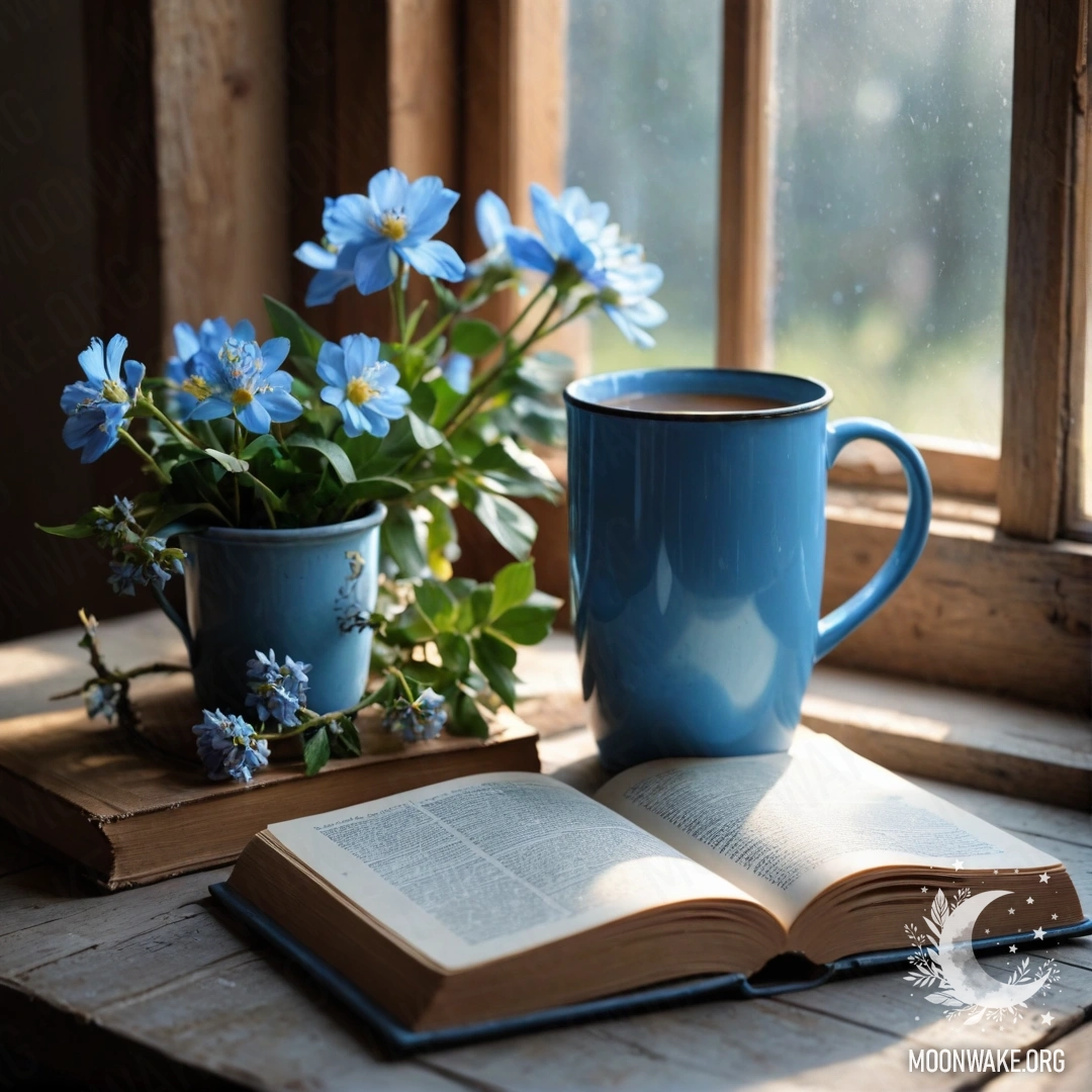 Старая синяя книга лежит на деревянной подоконнике, рядом с синей кружкой, полной цветов и гирлянды огней.