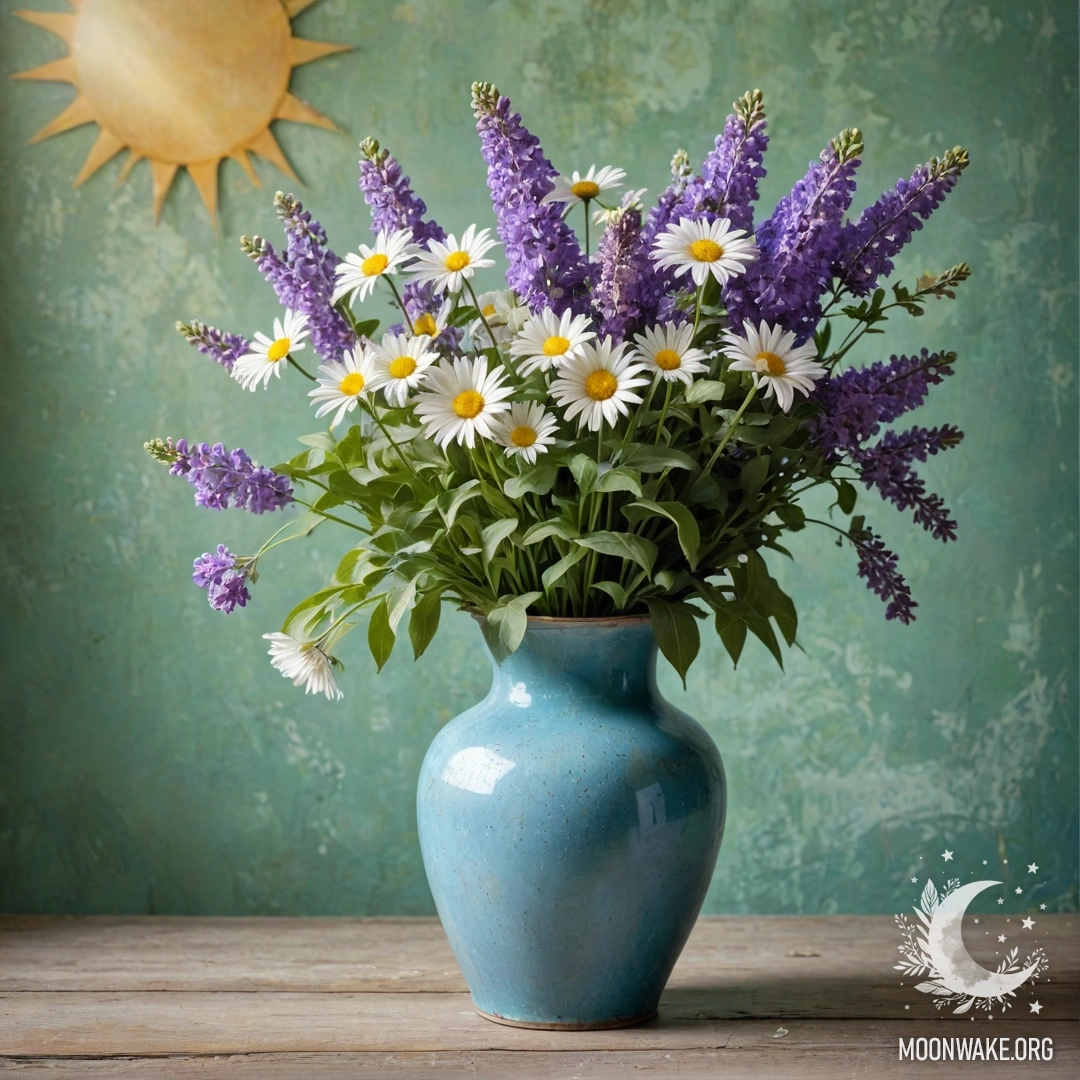 Потрепанная синяя металлическая ваза с ромашками и сиренью на зеленоватой стене.