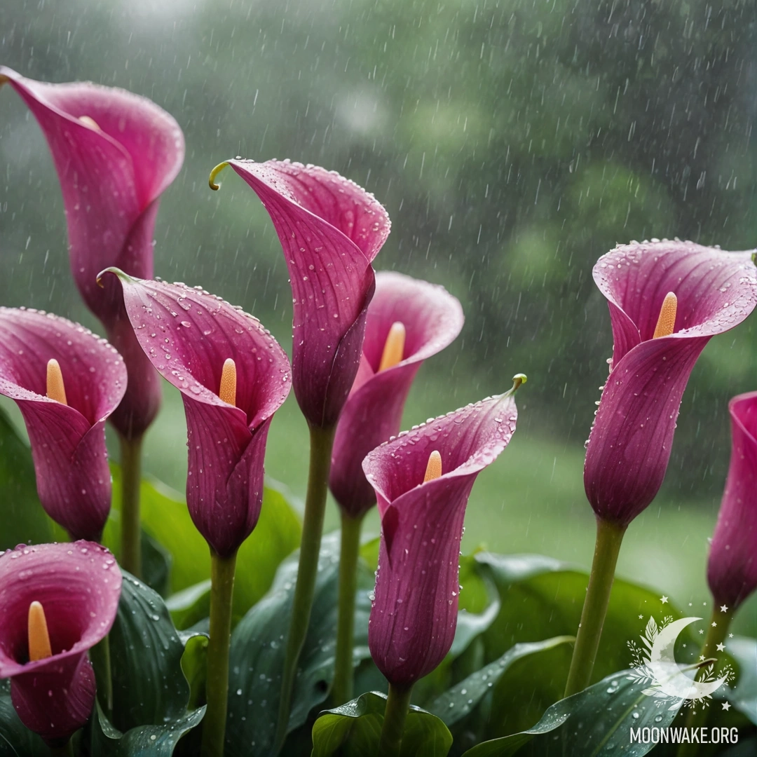 Крупный план фуксиевых лилий, окутанных туманом и дождем.