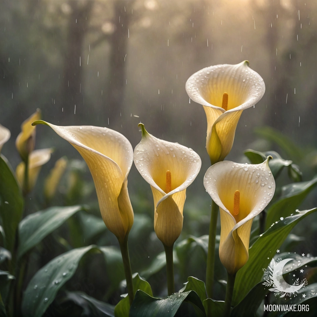 Спокойный пейзаж с желтыми лилиями в тумане под дождем на закате.