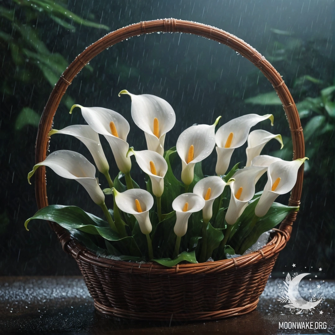 Корзина спокойных лилий под дождем в туманную ночь.