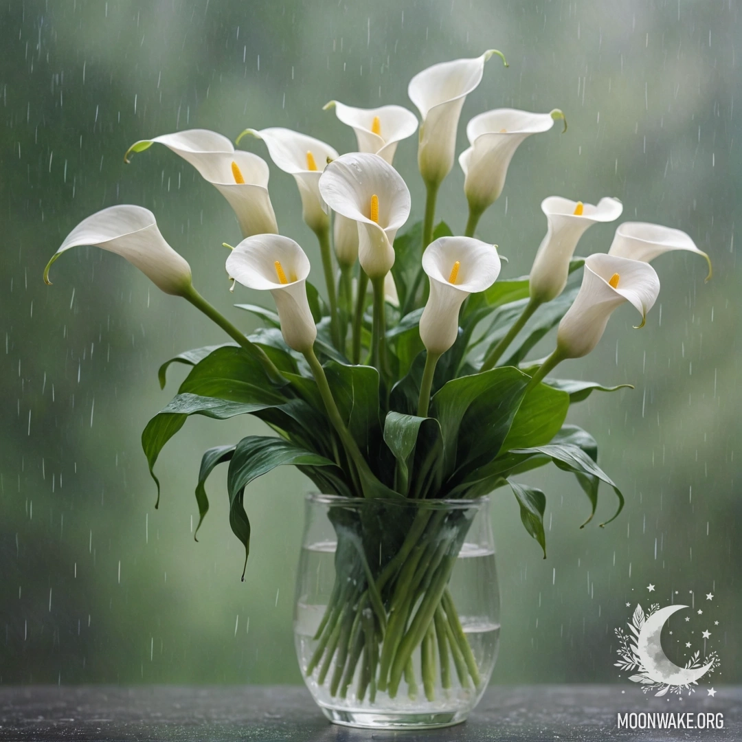 Спокойная композиция из лилий в мятной вазе, окруженная туманом и дождем.