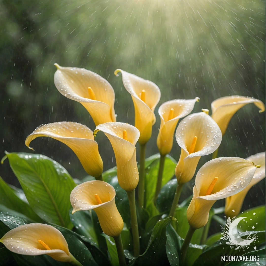 Спокойная сцена с желтыми лилиями, утопающими в дожде под сверкающим солнечным светом.