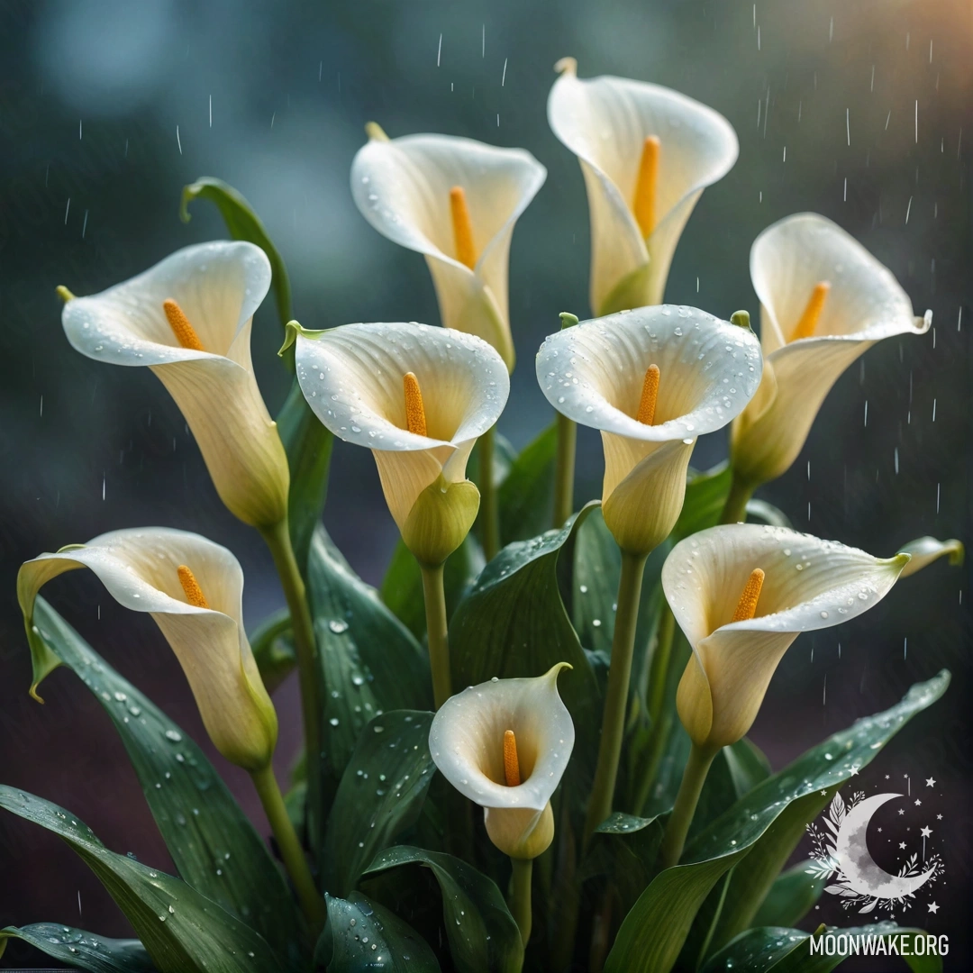 Букет зеленовато-голубых лилий, нежно покачивающихся под дождём на закате.