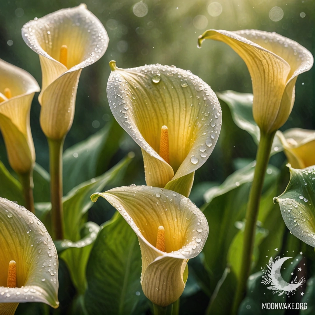 Спокойное расположение лилий, украшенных росинками, на мягком оливковом фоне, освещенное нежными солнечными лучами.