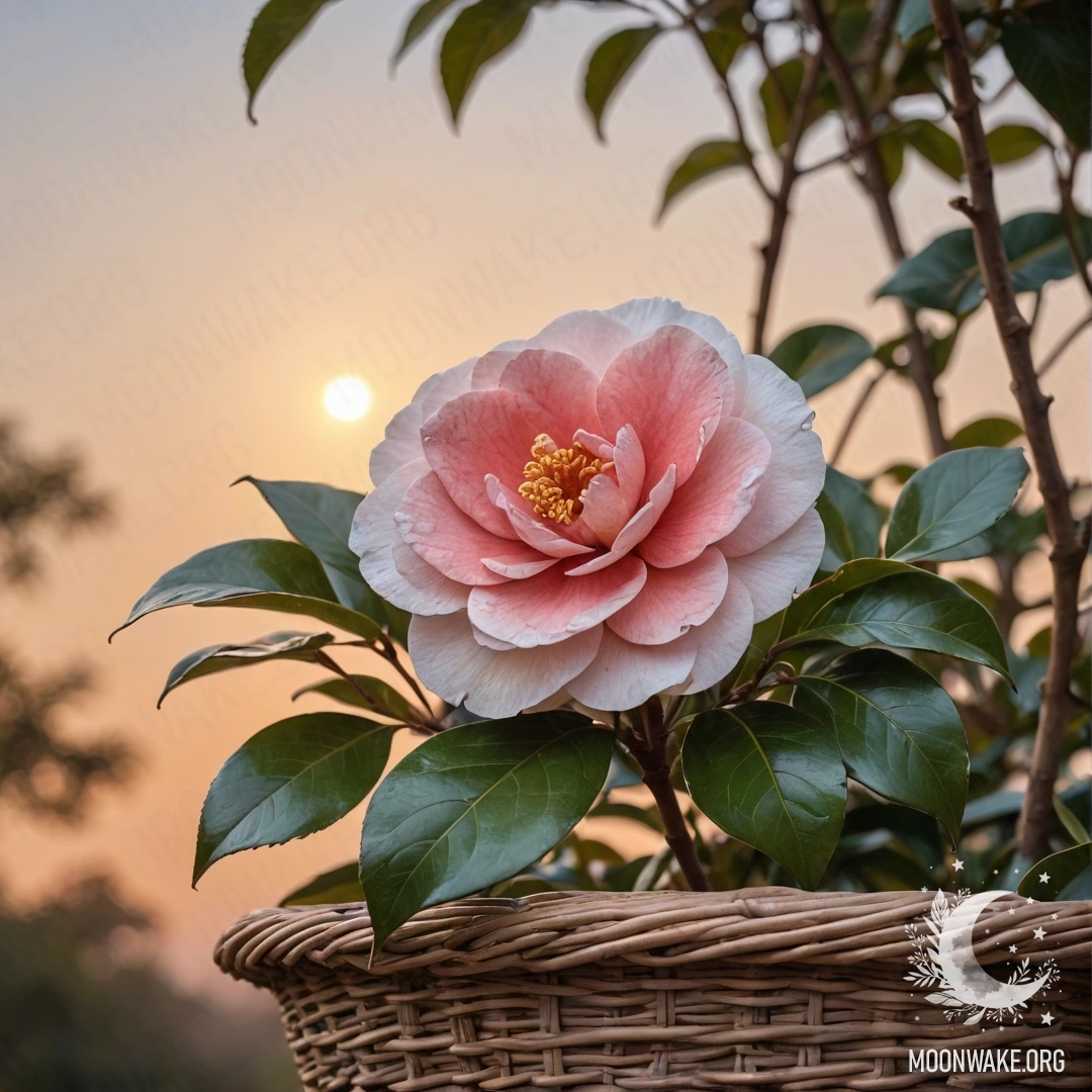 Акварельная картина с нежной камелией в корзине цвета кофе на фоне заката.