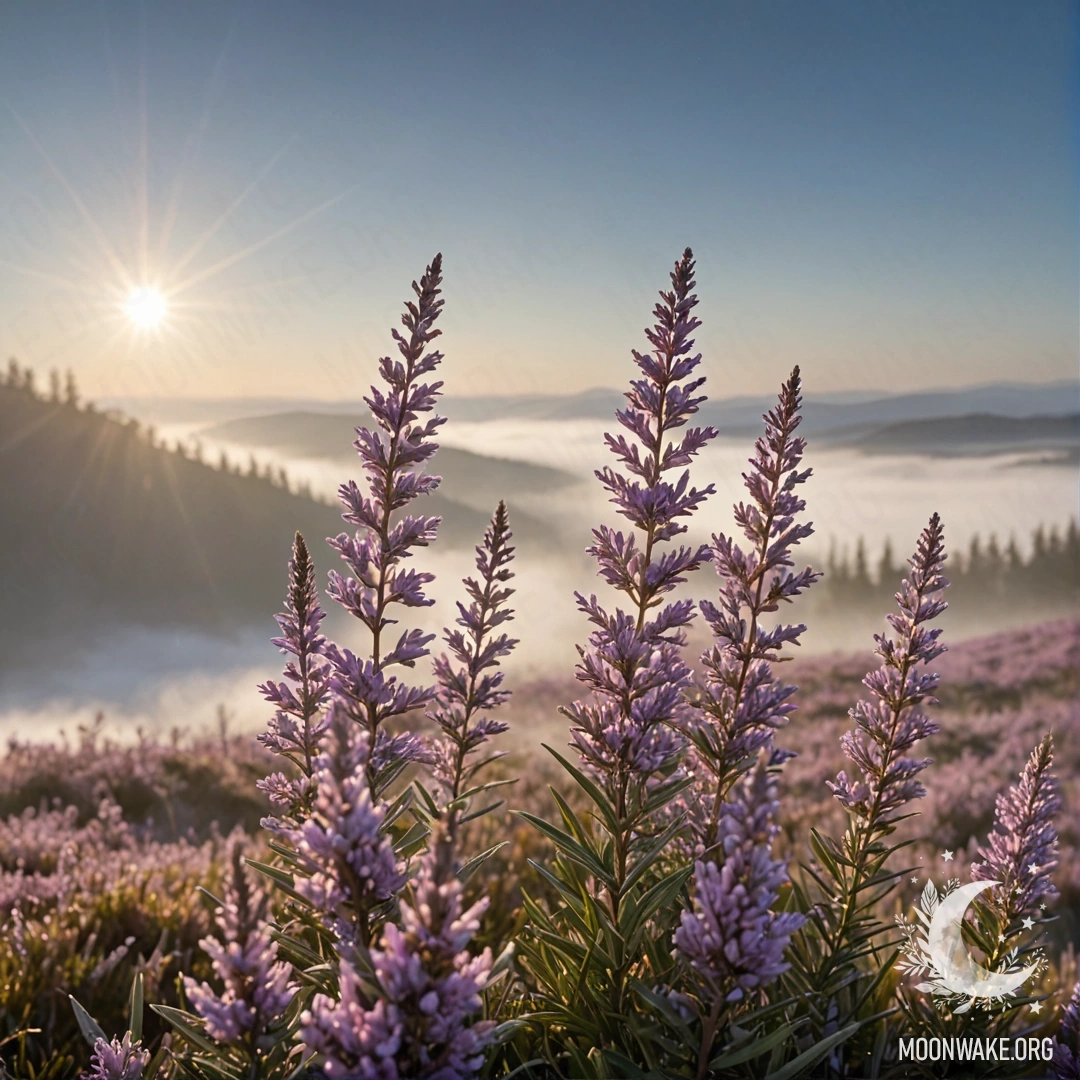 Спокойная камелия с лавандовыми лепестками, тихо вырастающая из тумана.