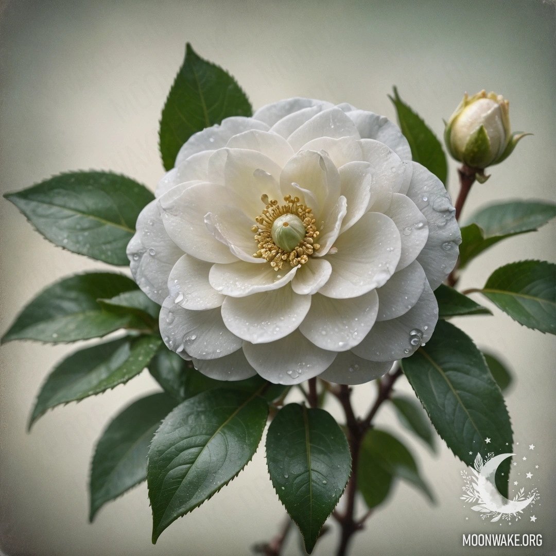 Спокойный цветок камелии, окруженный туманом и стразами.