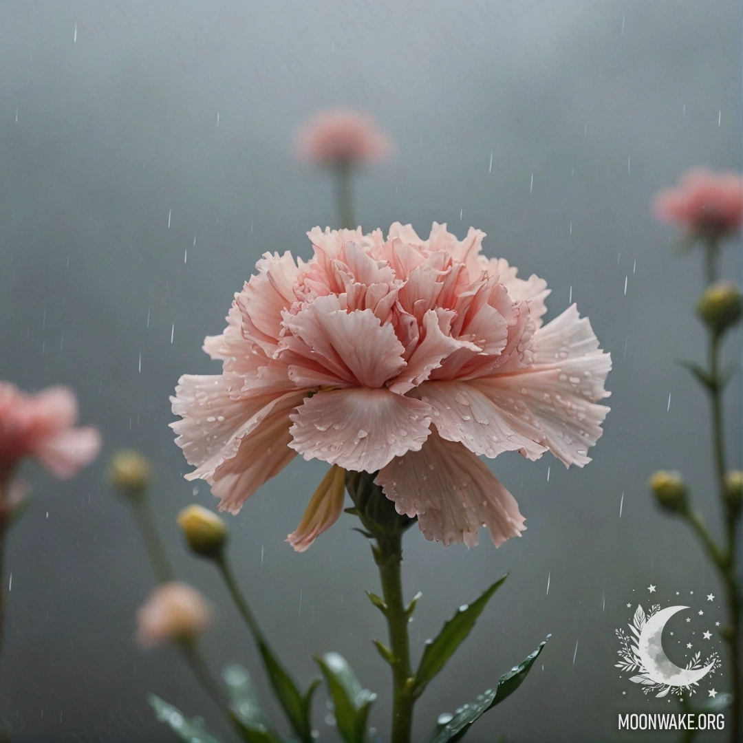 Спокойная желтая гвоздика на туманном фоне под дождем.