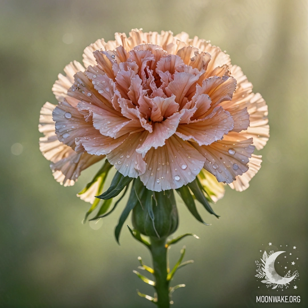 Нежная оливковая гвоздика, окружённая туманом и солнечными лучами.