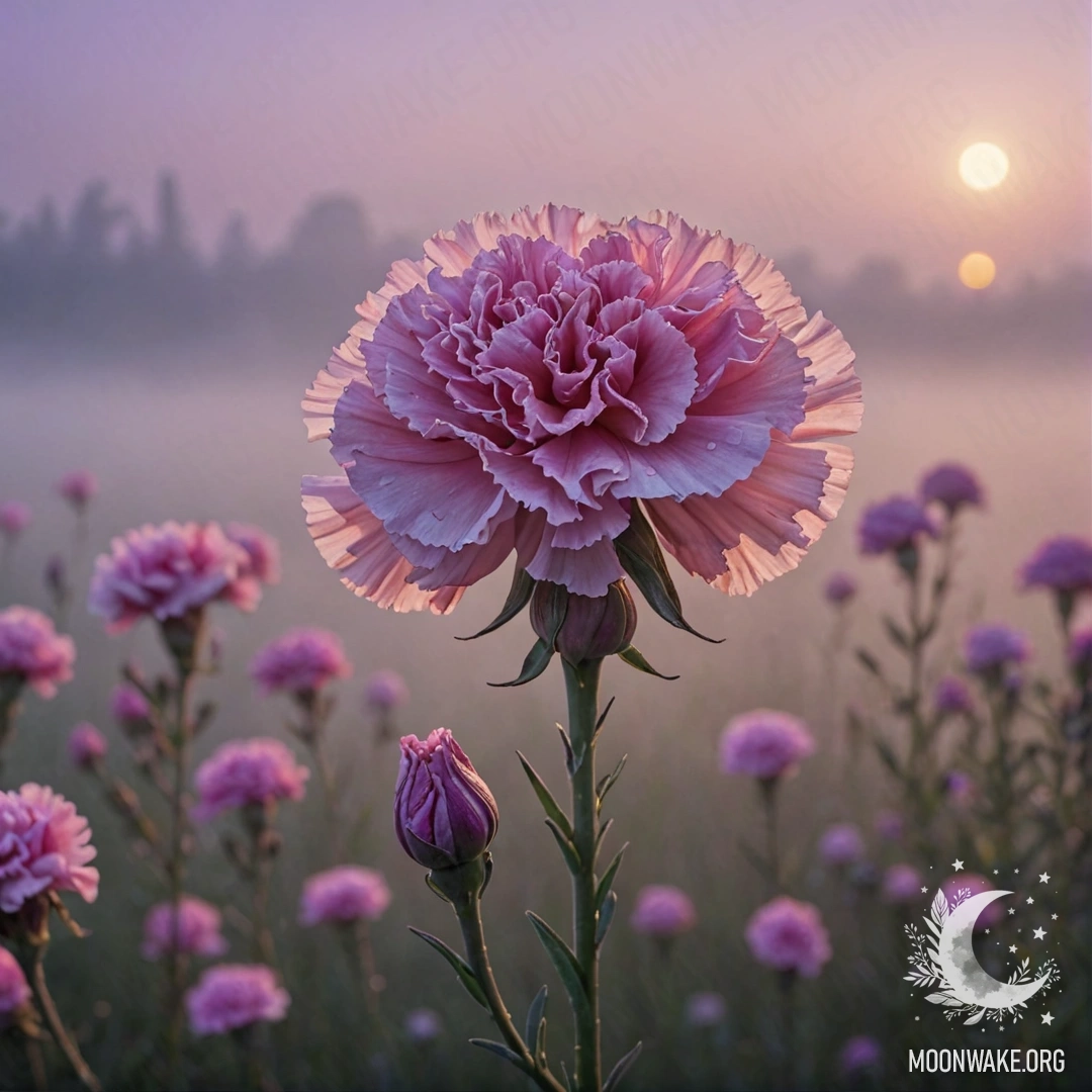 Нежная гвоздика, окруженная туманом на закате, в лавандовых оттенках.