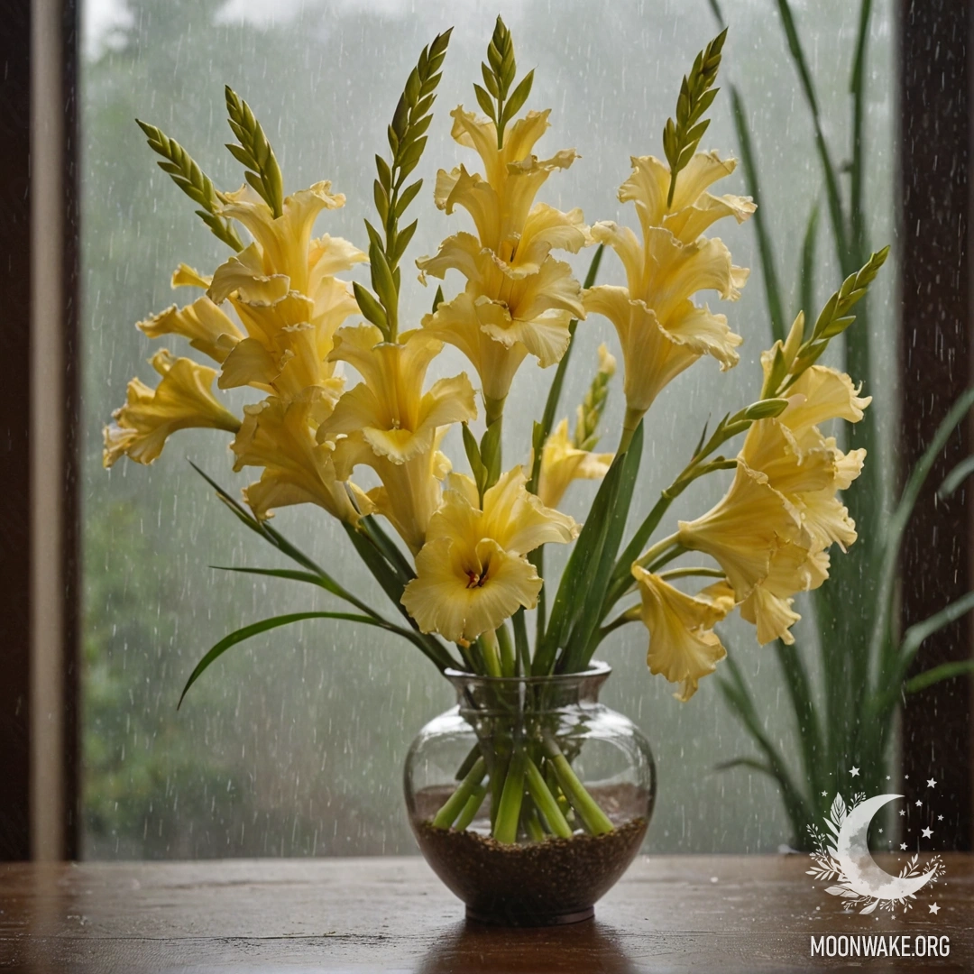 Спокойный букет гвоздик оливкового цвета, промокший под дождем ночью.