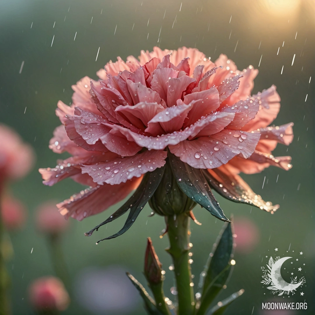 Спокойная гвоздика, покрытая каплями дождя, в шалфейном цвете на фоне заката, сверкающая под мягким светом.