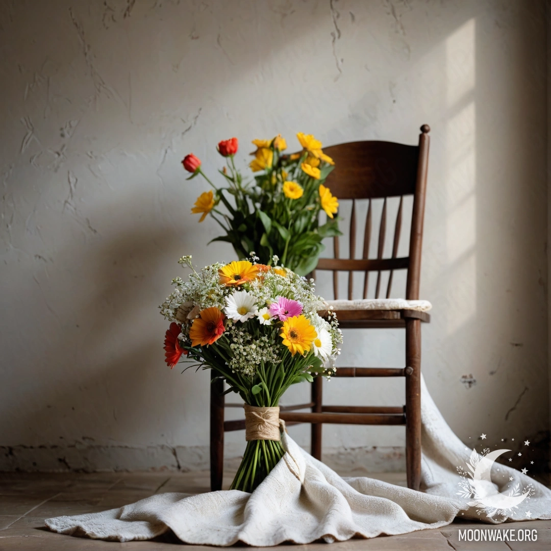 Спокойный стул, на котором лежит одеяло и букет цветов на фоне обшарпанной стены.