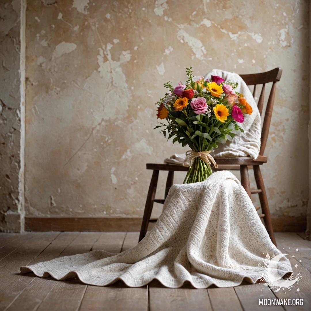 Стул на фоне потрепанной стены с пледом и букетом цветов.