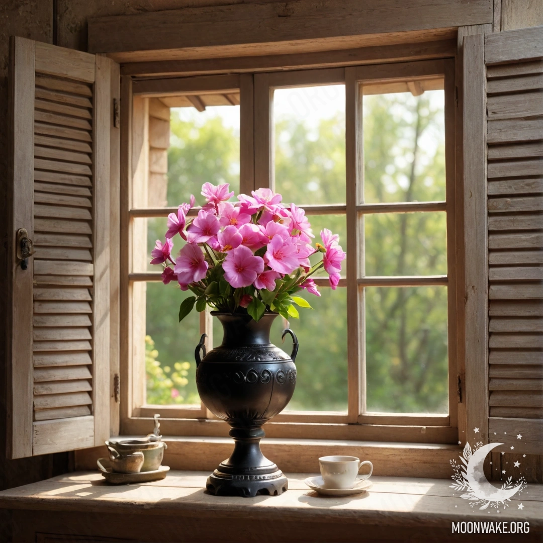 Стул на фоне потрескавшейся стены, украшенный пледом и букетом цветов в плотном тумане.