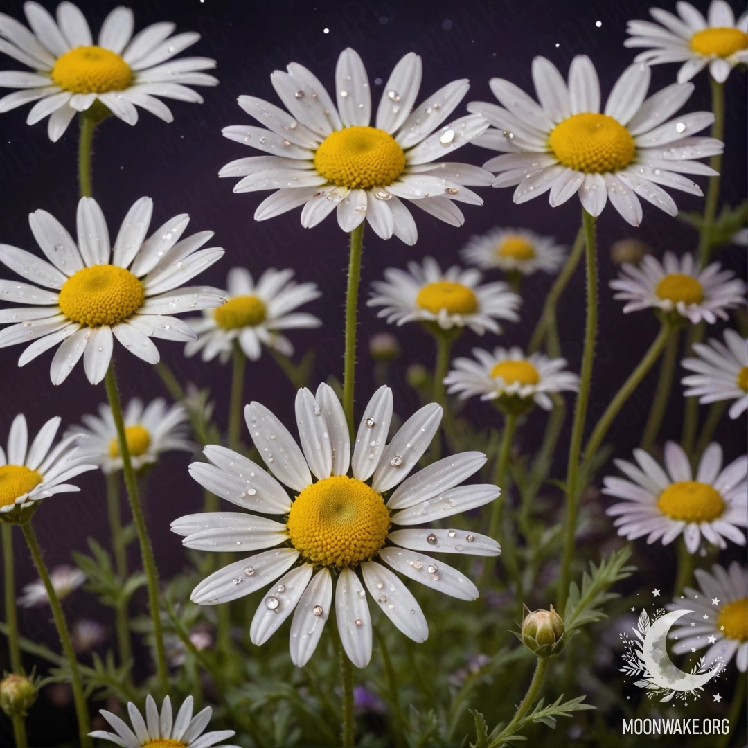 Спокойная композиция из фиолетовых ромашек, украшенных стразы, на фоне ночного неба, напоминающего старинную открытку.