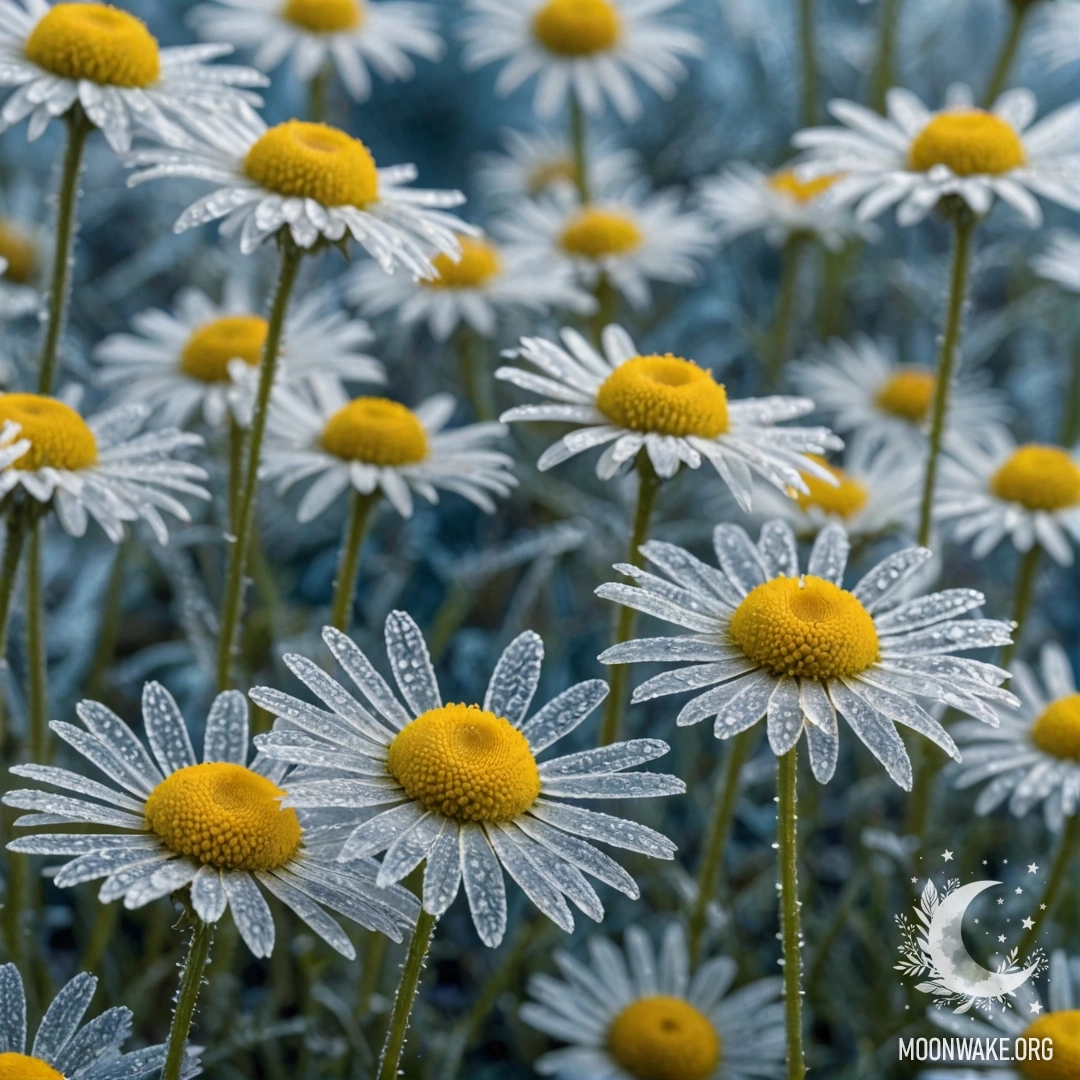 Спокойная ромашка, заключённая в сложные морозные узоры синего цвета.