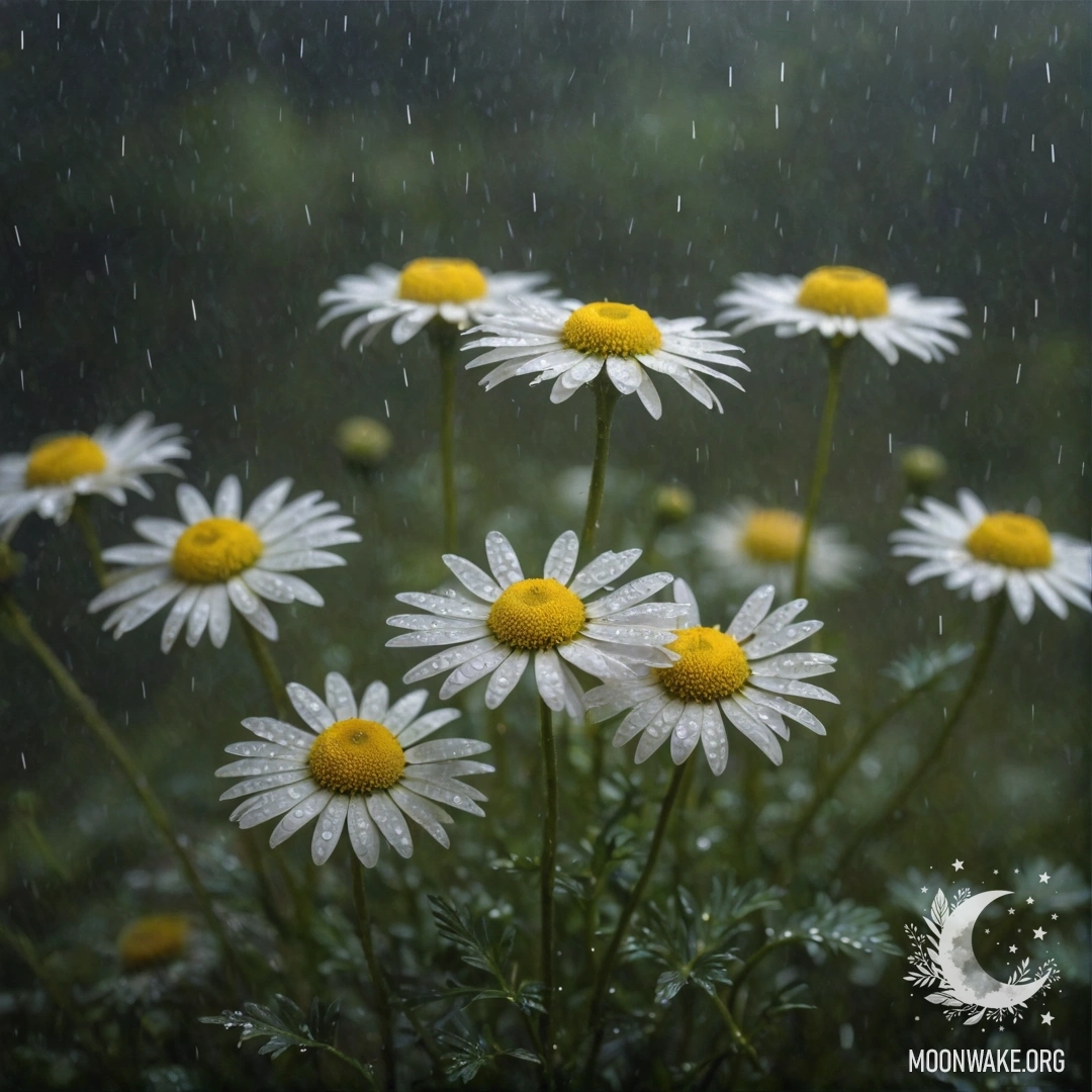 Спокойная ромашка в тумане под дождем в ночное время, выполненная в оливковом цвете.