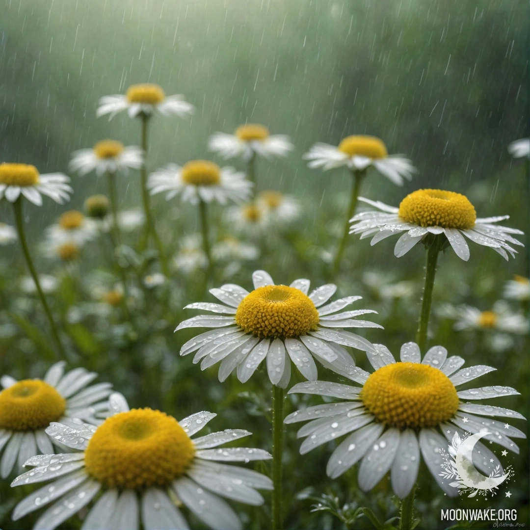 Спокойная ромашка, окруженная туманом под дождем, на фоне солнечных лучей.
