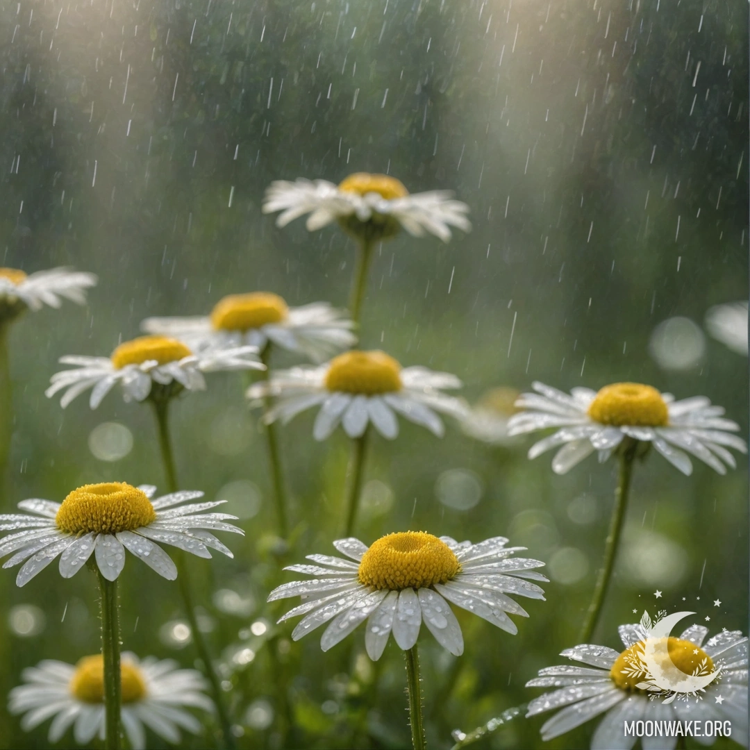 Спокойная ромашка, окружённая каплями дождя и солнечными лучами.