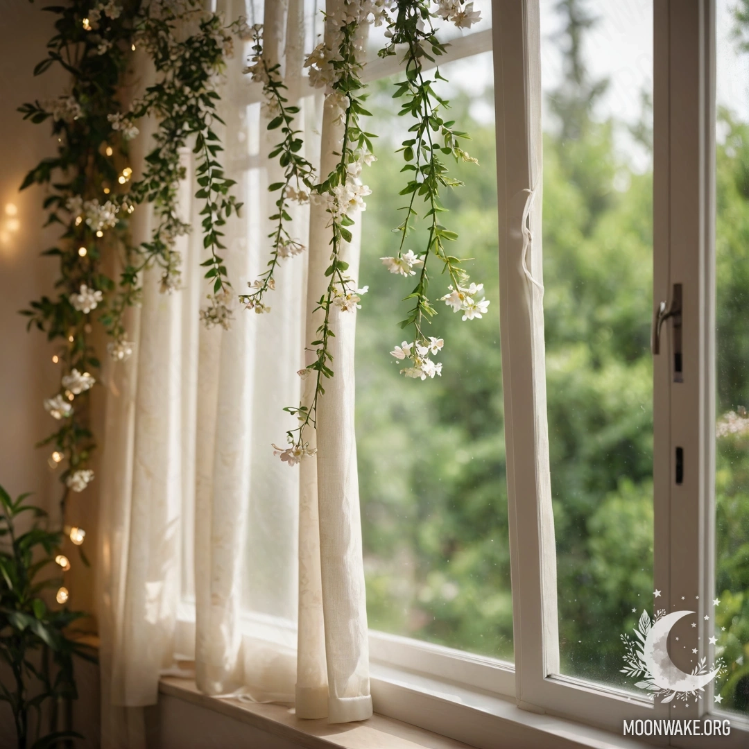 Крупный план цветочной занавески с видом на цветущий сад через окно на заднем плане.