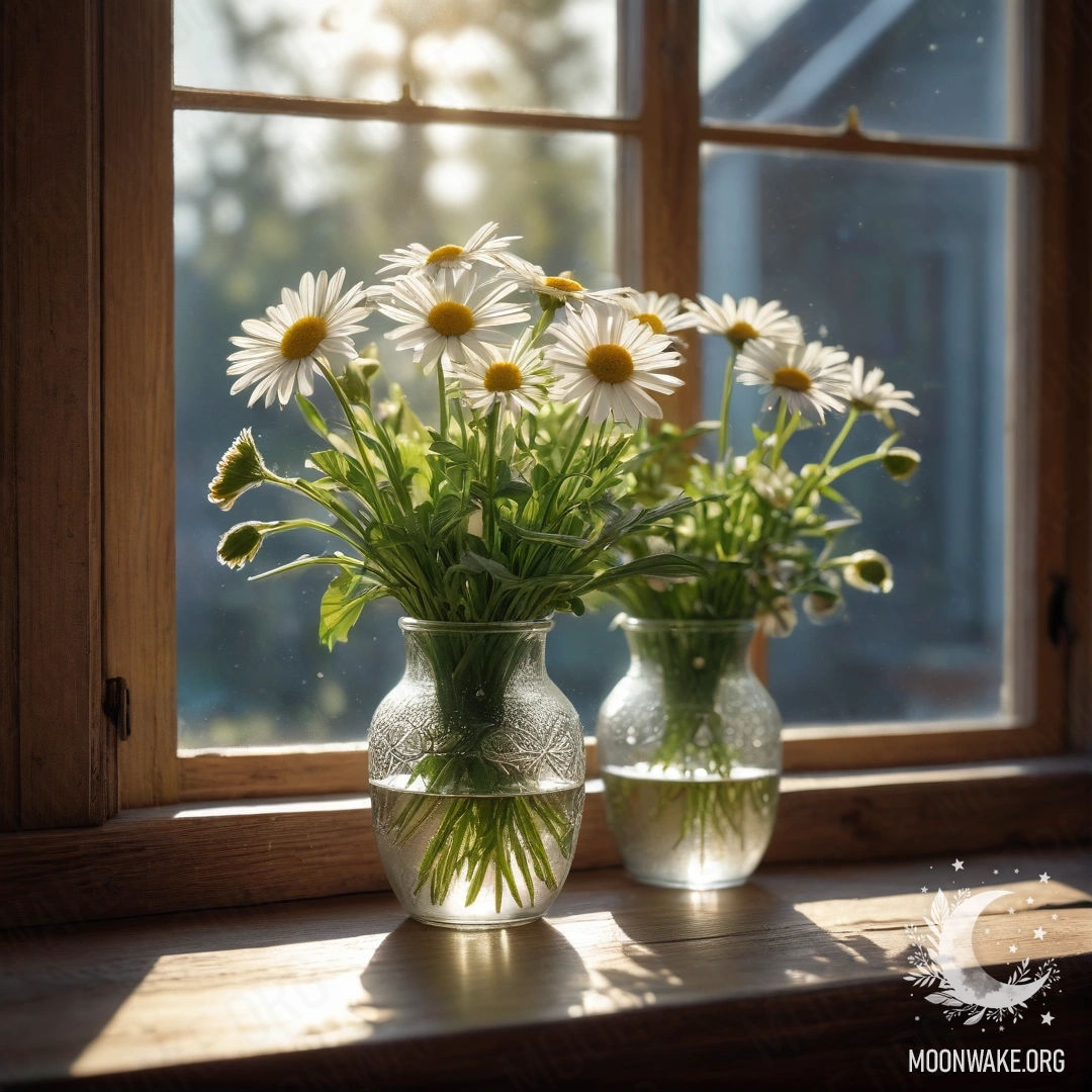Стеклянная ваза с веселыми ромашками стоит на деревянном винтажном подоконнике, освещенная мягкими солнечными лучами.
