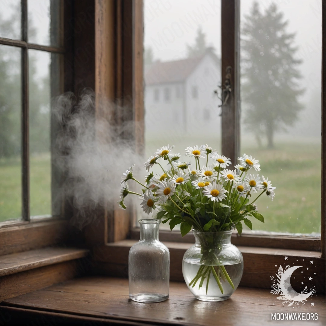 Стеклянная ваза с ромашками на деревянном подоконнике в густом тумане.