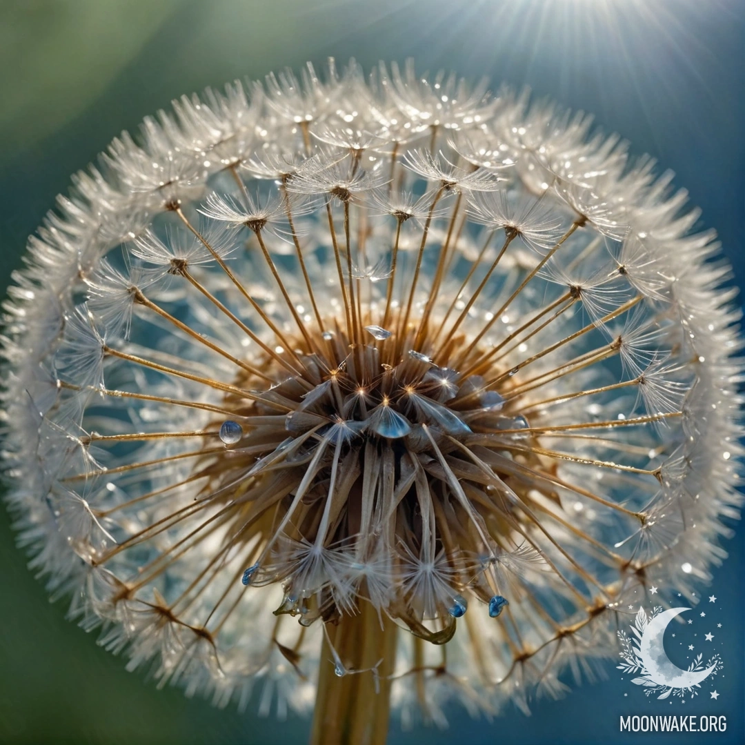 Спокойный одуванчик с каплями росы в голубой корзине, залитый солнечными лучами.