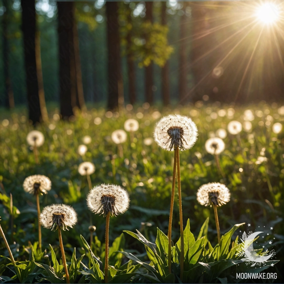Крупный план одуванчиков на спокойном поле на фоне размытого леса ночью, освещенных мягкими солнечными лучами.