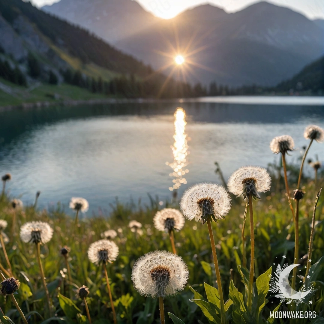 Крупный план одуванчиков в спокойном поле с размытым фоном горного озера на закате.