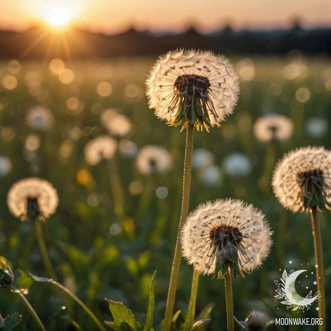 Крупный план одуванчиков на фоне размытого цвета цветов на закате.