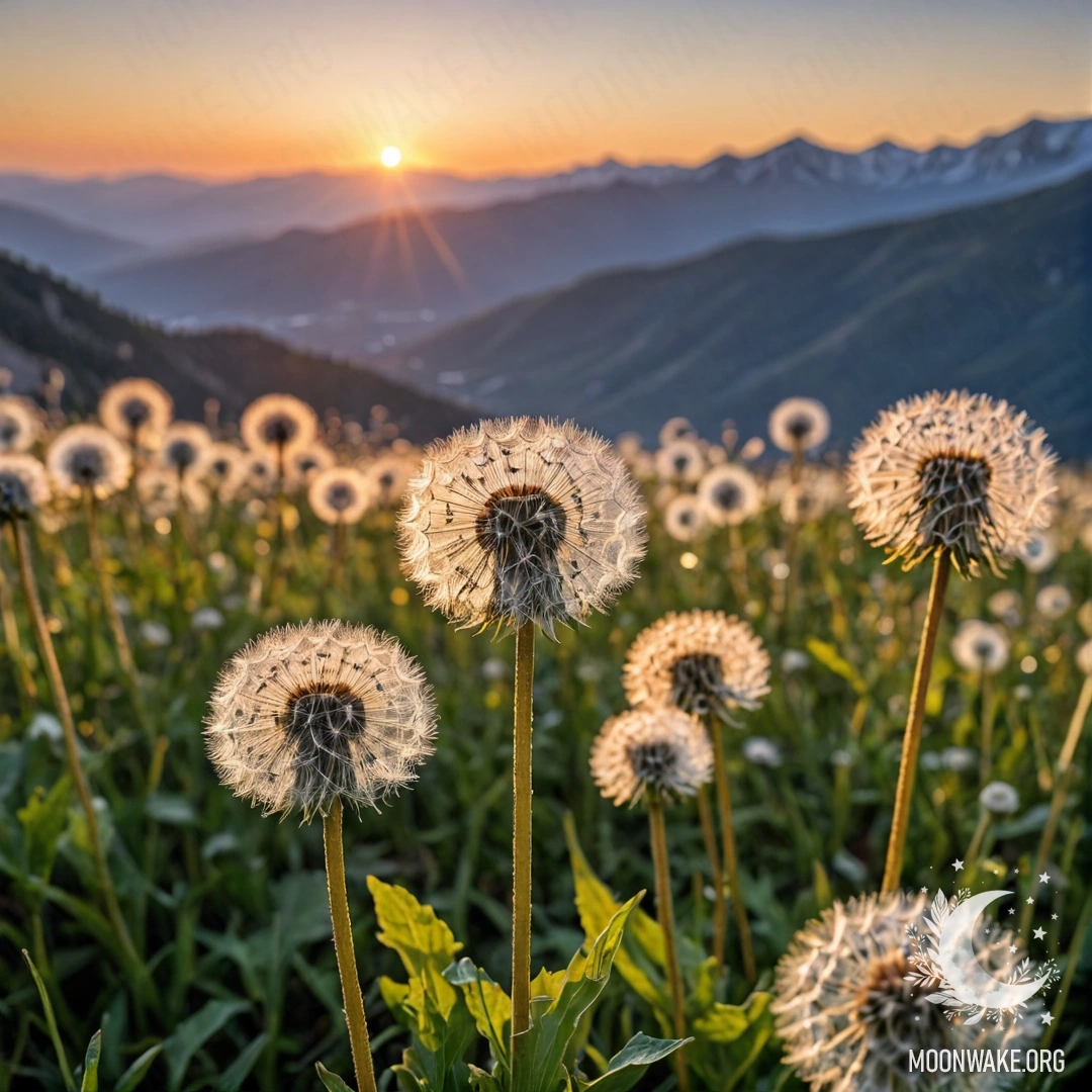 Крупный план одуванчиков на спокойном поле с размытыми горами на заднем плане в момент заката.