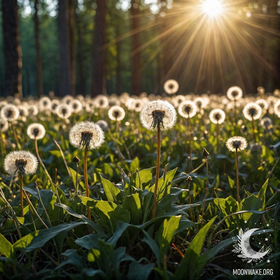 Макро изображение одуванчиков на фоне размытого леса с солнечными лучами