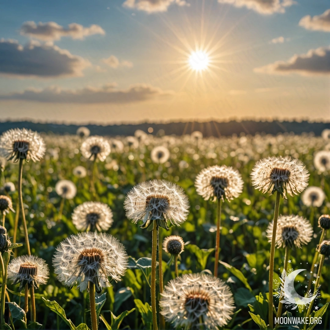 Крупный план одуванчиков на спокойном поле на фоне смазанного неба с облаками и солнечными лучами.