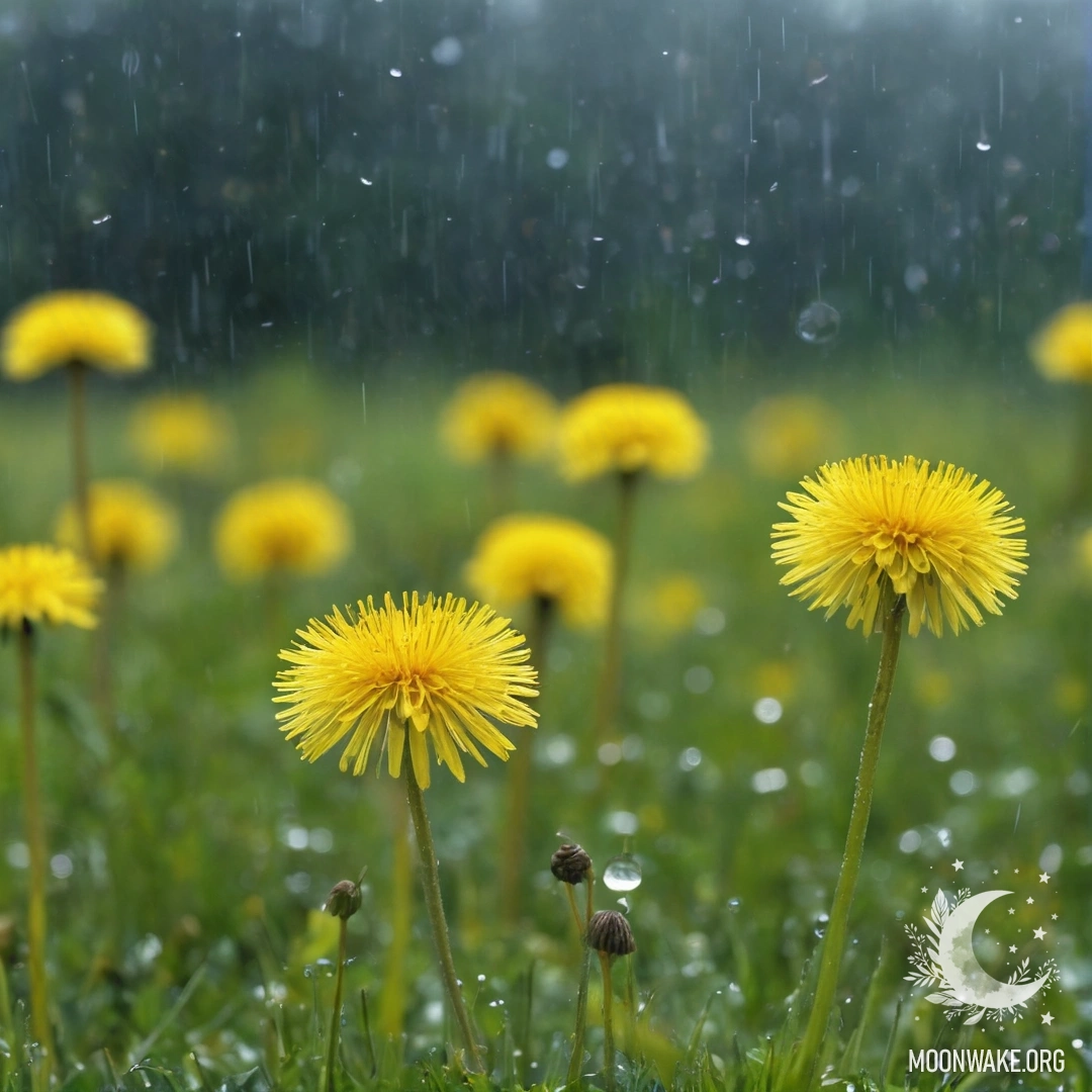 Крупный план одуванчиков на спокойном поле с размытым небом на заднем плане, усыпанным каплями дождя.