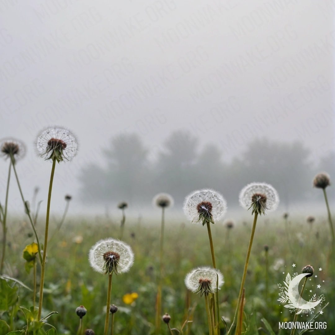 Крупный план одуванчиков на спокойном поле, размытое небо и туман на заднем плане.