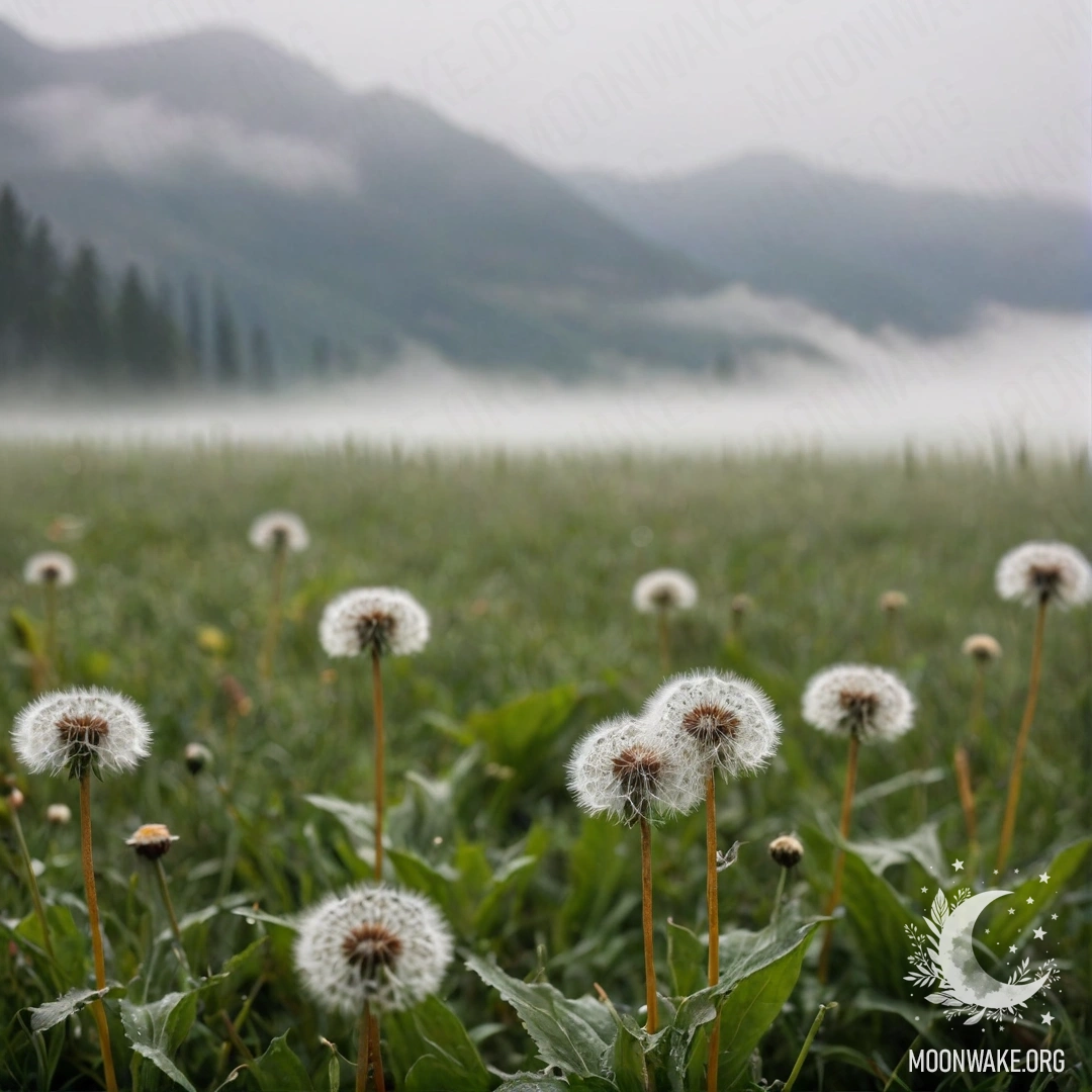 Крупный план одуванчиков на поле с туманными горами на заднем плане.