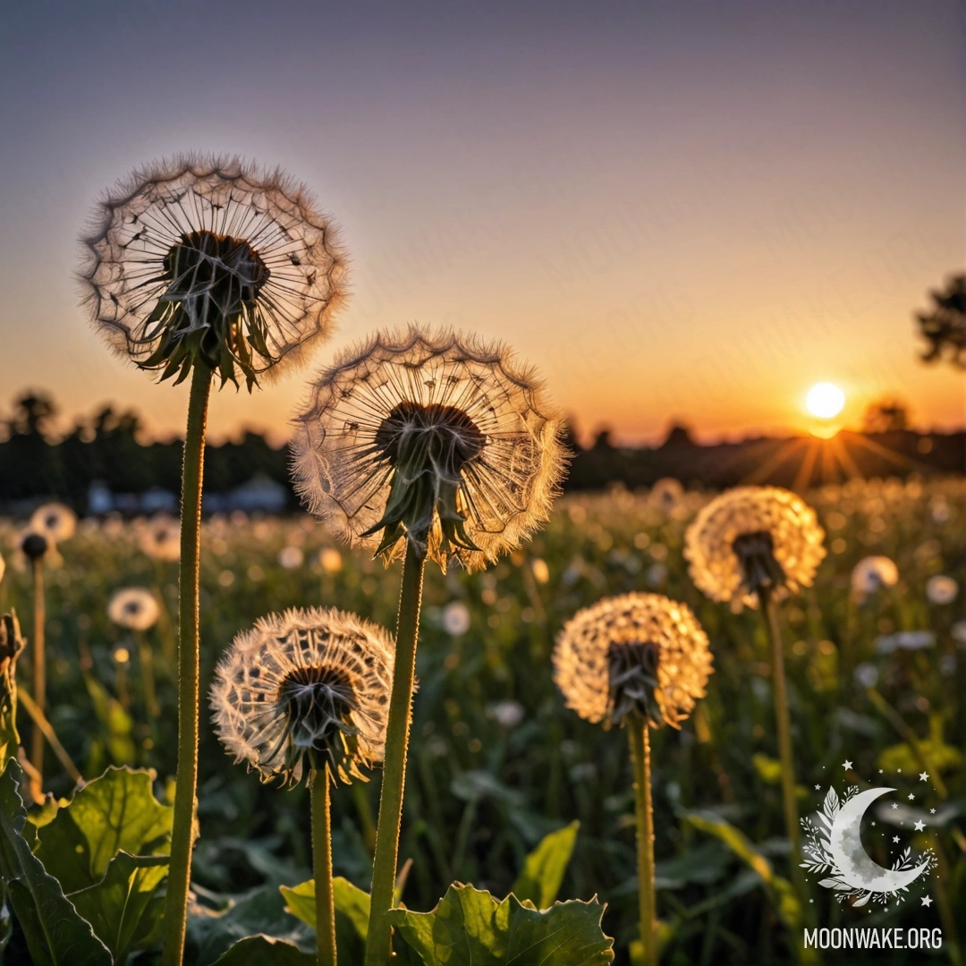 Крупный план одуванчиков на фоне размытого заката в ночное время.