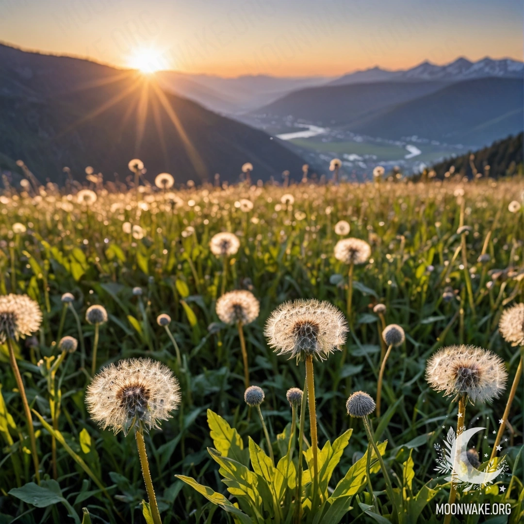 Крупный план одуванчиков на фоне размытых гор во время заката.