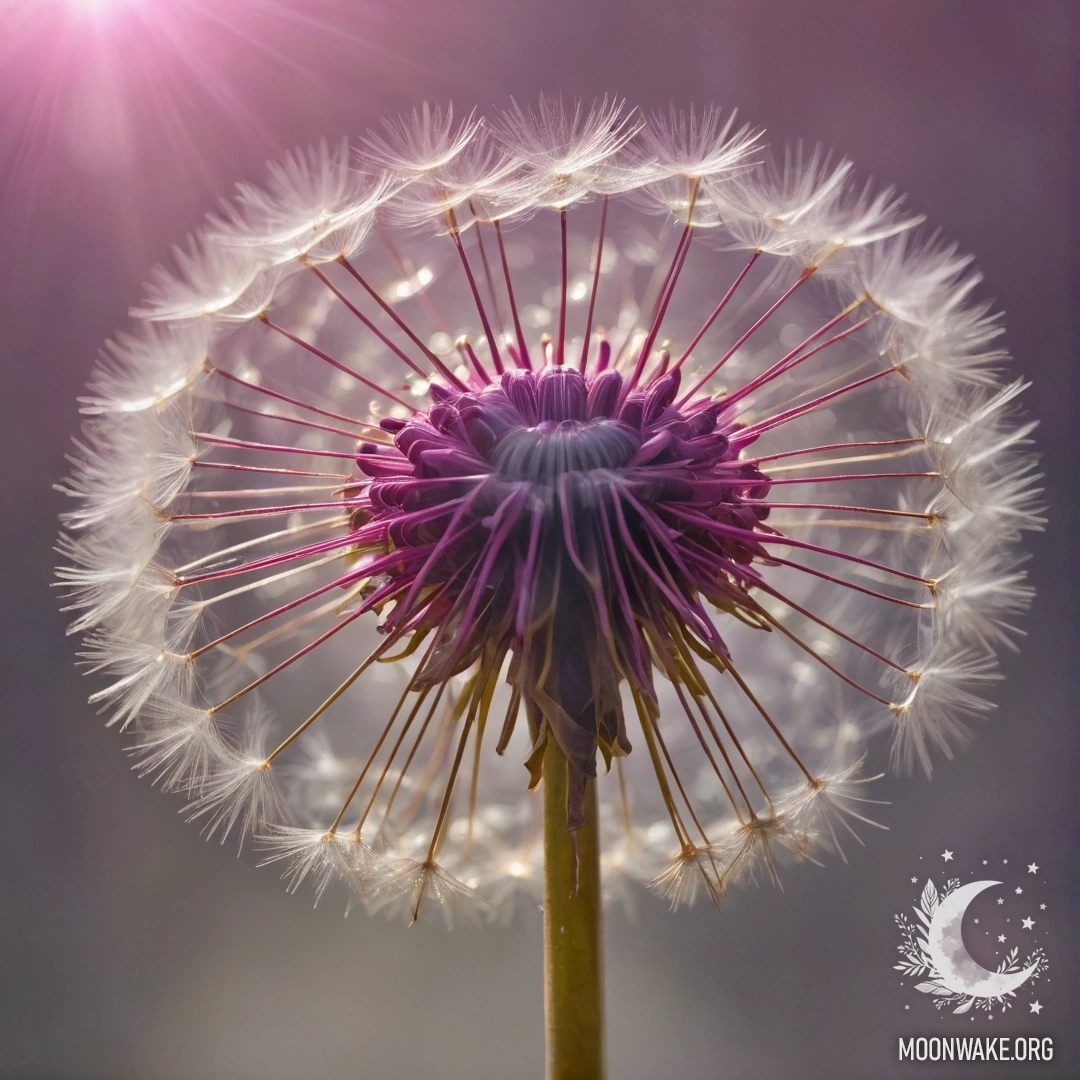 Одуванчик, окутанный туманом, освещённый солнечными лучами с фуксиевыми блёстками.